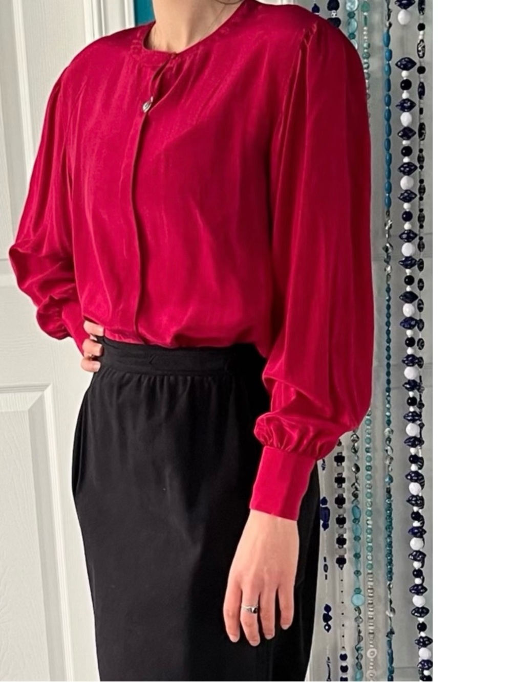 Vintage ‘80s Red silk blouse/ long bouffant sleeves / unused but has minor flaws